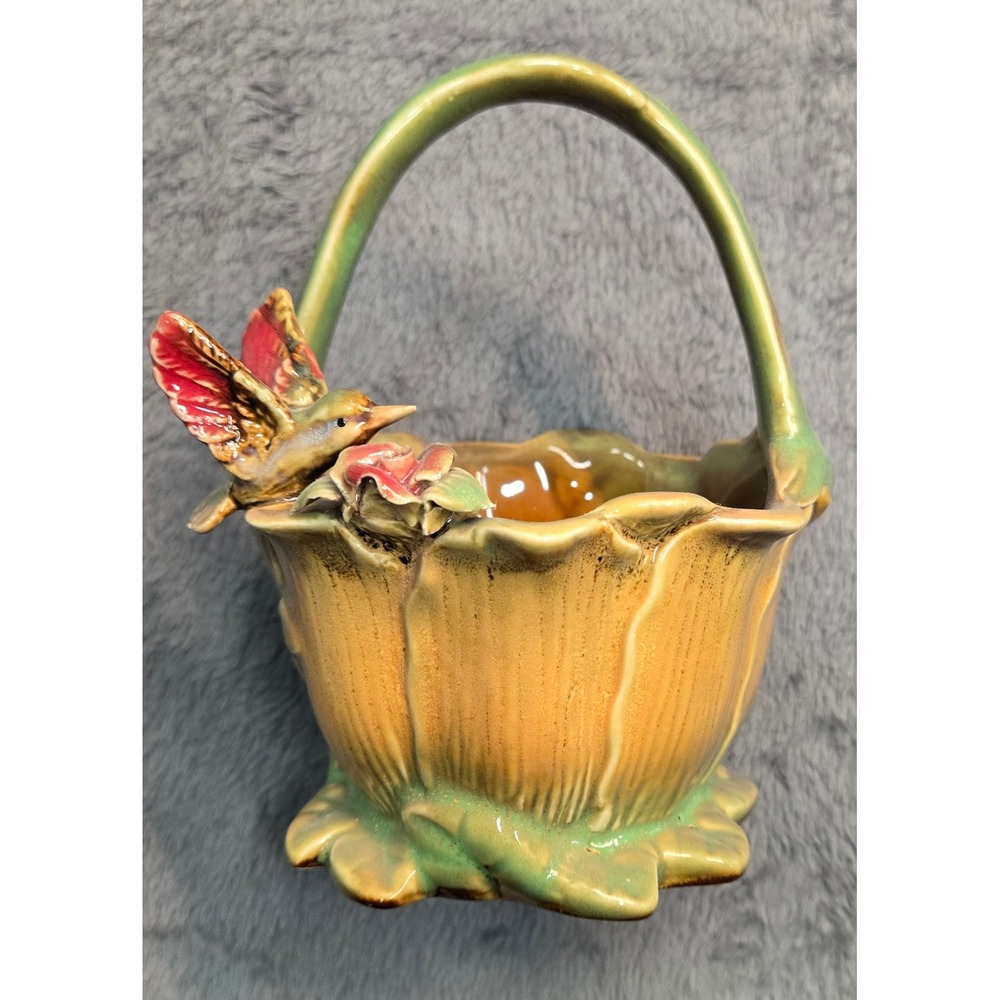 Vintage Ceramic Hummingbird Rose Basket Planter Glossy Glaze Green Brown Ochre